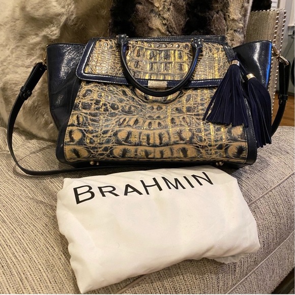Brahmin Satchel Handbag Croc Embossed Leather Navy Gold Tassel Purse - Picture 1 of 4